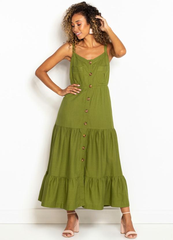 Farm - Vestido Midi de Linho Verde