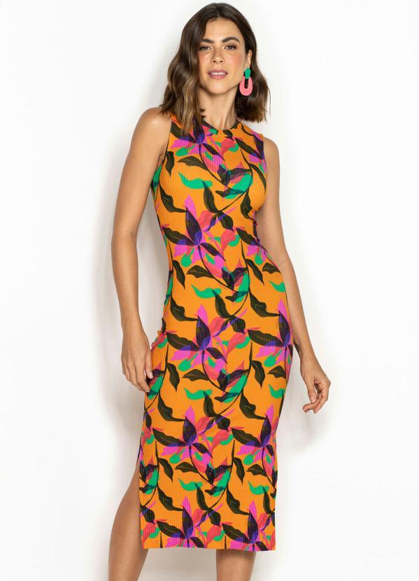 Colcci - Vestido Midi de Malha Canelada Estampado Laranja