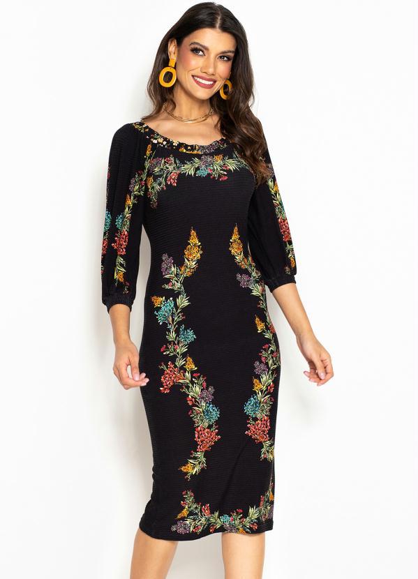 Farm - Vestido Midi de Malha Canelada Louise Floral Preto