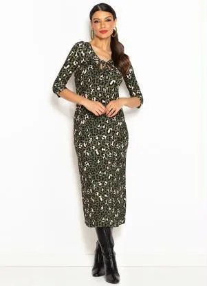 Maria Filó - Vestido Midi de Malha Canelada Natureza Matcha Oncinhas Verde Militar - MARIA FILÓ