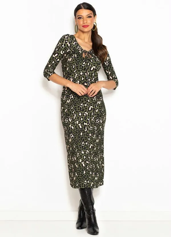 Maria Filó - Vestido Midi de Malha Canelada Natureza Matcha Oncinhas Verde Militar