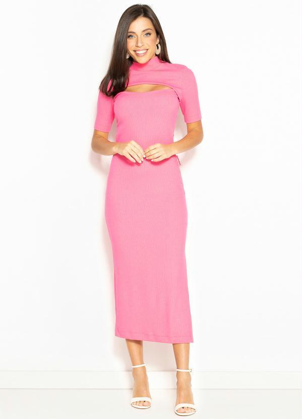 Colcci - Vestido Midi de Malha Canelada Rosa