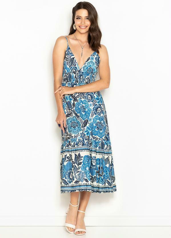 Farm - Vestido Midi de Malha Conto de Verão Azul