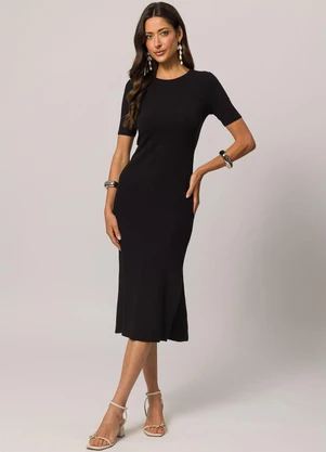 Doce Trama - Vestido Midi de Manga Curta em Ribana Preto - DOCE TRAMA