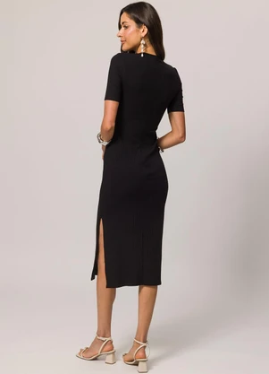 Doce Trama - Vestido Midi de Manga Curta em Ribana Preto - DOCE TRAMA
