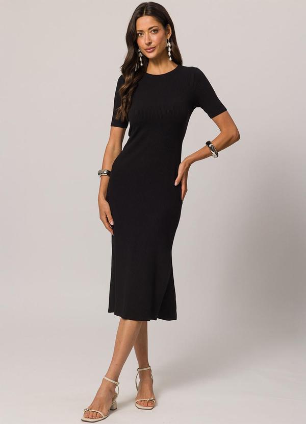 Doce Trama - Vestido Midi de Manga Curta em Ribana Preto 1