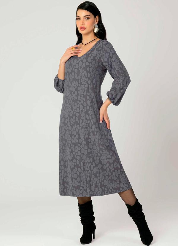 Gris - Vestido Midi de Manga Longa Feminino Cinza