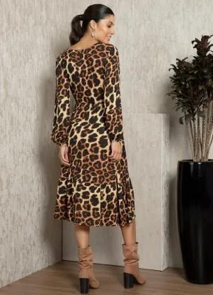 Quintess - Vestido Midi de Onça com Mangas Bufantes - QUINTESS