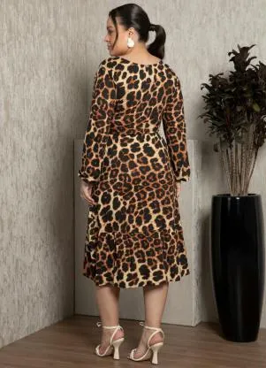Quintess - Vestido Midi de Onça com Mangas Bufantes - QUINTESS