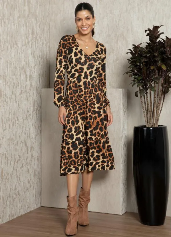 Quintess - Vestido Midi de Onça com Mangas Bufantes
