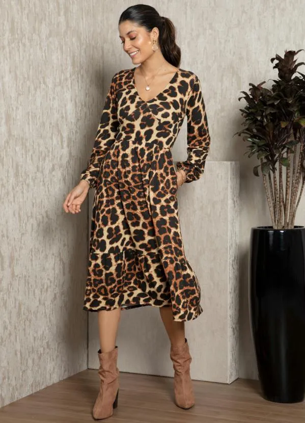 Quintess - Vestido Midi de Onça com Mangas Bufantes 5