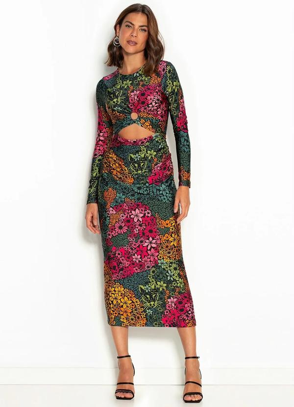 Farm - Vestido Midi de Poliamida Argola Onça Flor Estampado