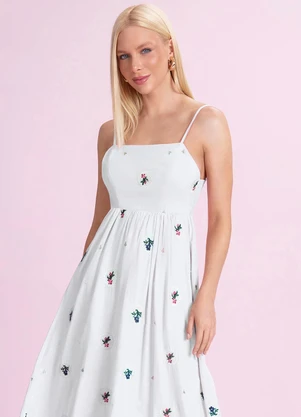 Angel - Vestido Midi de Tricoline Bordada Branco - ANGEL