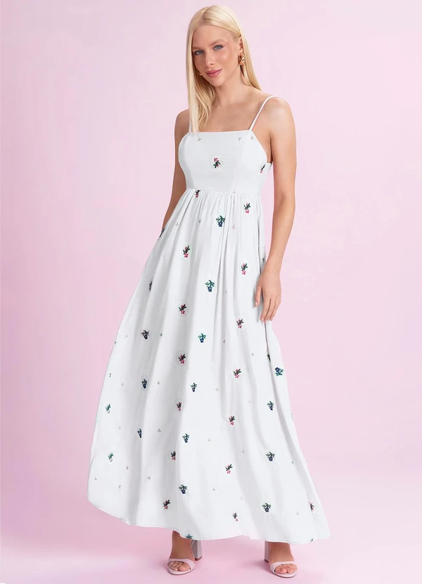 Angel - Vestido Midi de Tricoline Bordada Branco