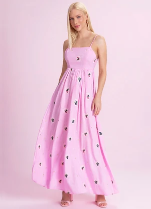 Angel - Vestido Midi de Tricoline Bordada Rosa - ANGEL