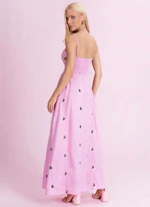 Angel - Vestido Midi de Tricoline Bordada Rosa - ANGEL