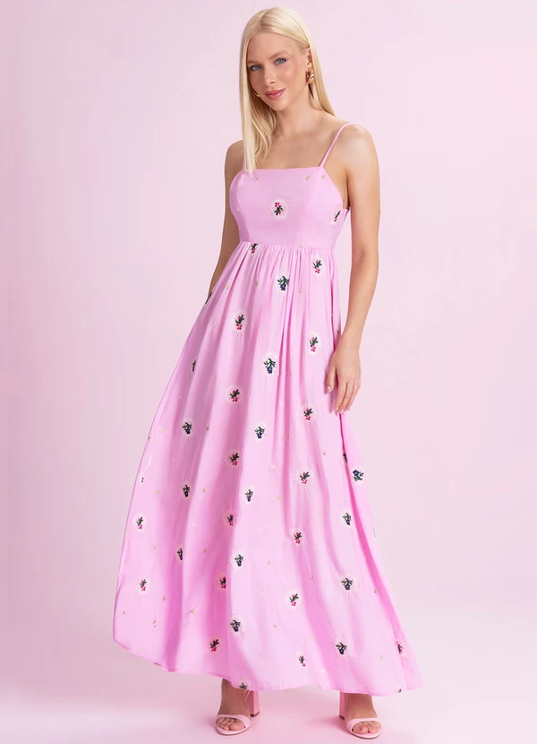 Angel - Vestido Midi de Tricoline Bordada Rosa