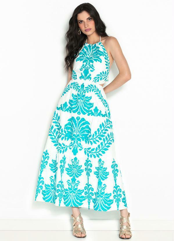 Maria Filó - Vestido Midi de Tricoline Estampa Ponto Cruz Branco