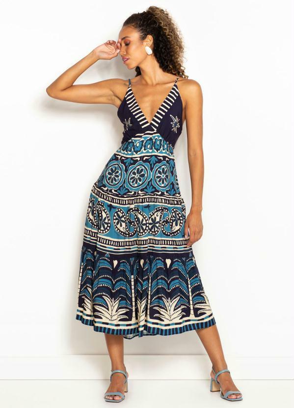 Farm - Vestido Midi de Viscose Amor de Coqueiro Azul
