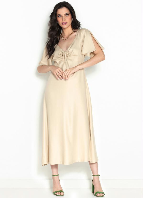 Hering - Vestido Midi de Viscose Bege