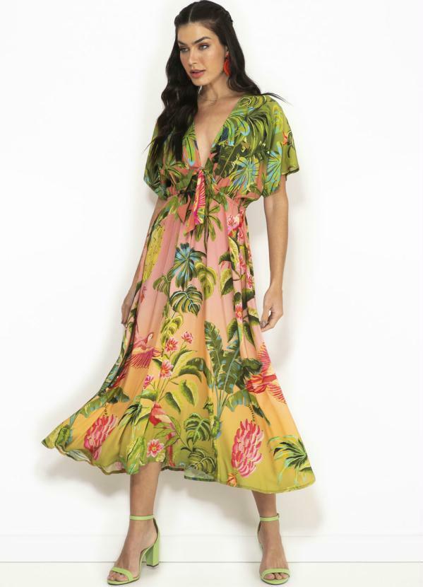 Farm - Vestido Midi de Viscose Beleza Tropicana Estampado
