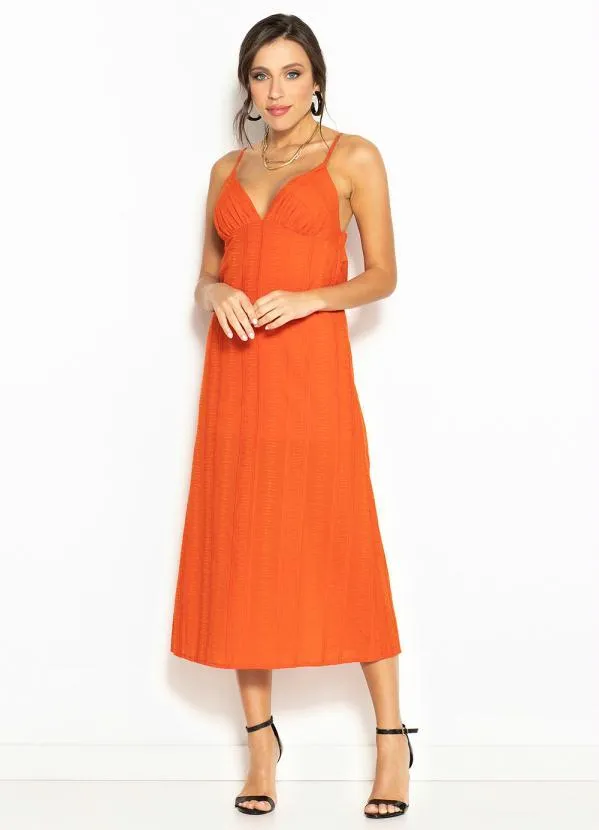 Colcci - Vestido Midi de Viscose Bordado Laranja