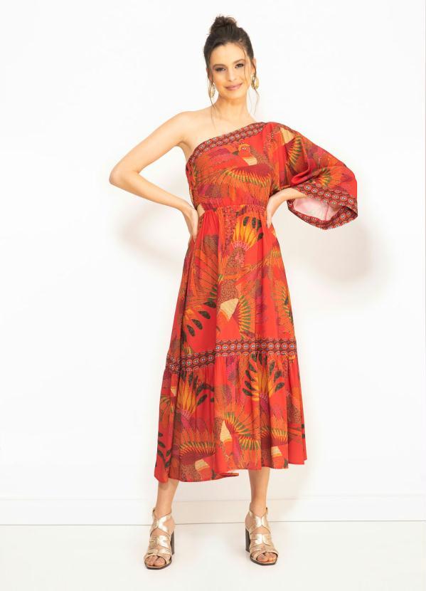 Farm - Vestido Midi de Viscose Borogodó de Tucano Vermelho