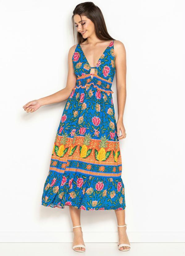 Farm - Vestido Midi de Viscose Decote Terra dos Abacaxis Azul