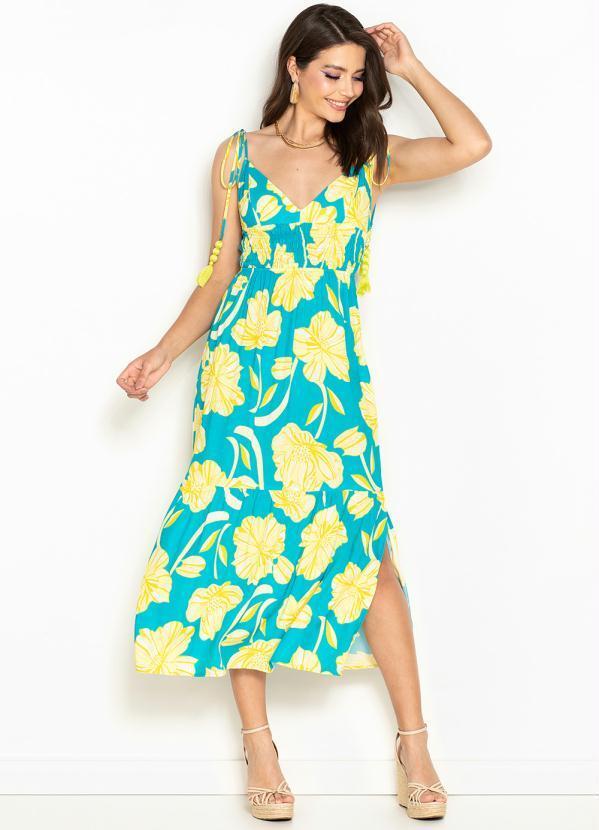 Maria Filó - Vestido Midi de Viscose Estampa Naturaleza Azul