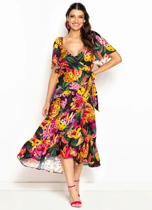 Farm - Vestido Midi de Viscose Flor de Banana Preto - FARM