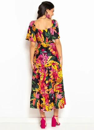 Farm - Vestido Midi de Viscose Flor de Banana Preto - FARM