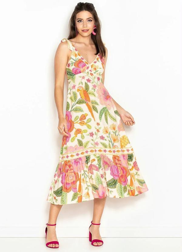 Farm - Vestido Midi de Viscose Flor de Verão Off White