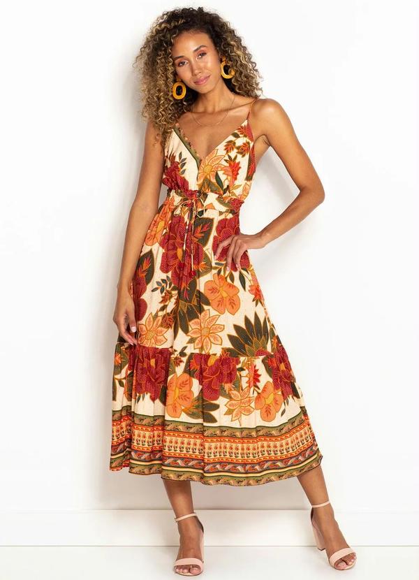 Farm - Vestido Midi de Viscose Floral Nani Bege