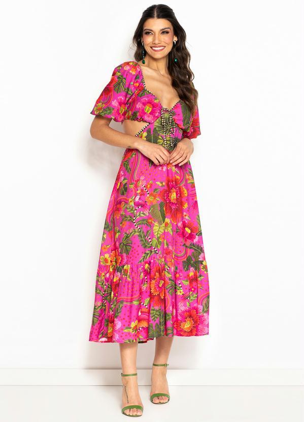 Farm - Vestido Midi de Viscose Florescer Rosa