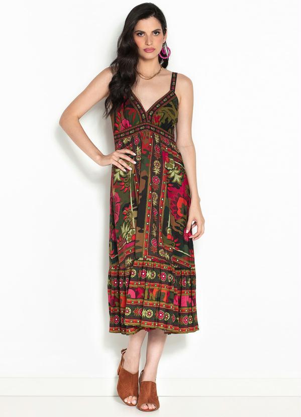 Vestido Midi de Viscose Jardim Camuflado Verde Farm