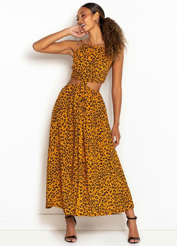 Farm - Vestido Midi de Viscose Onça Bicolor Marrom