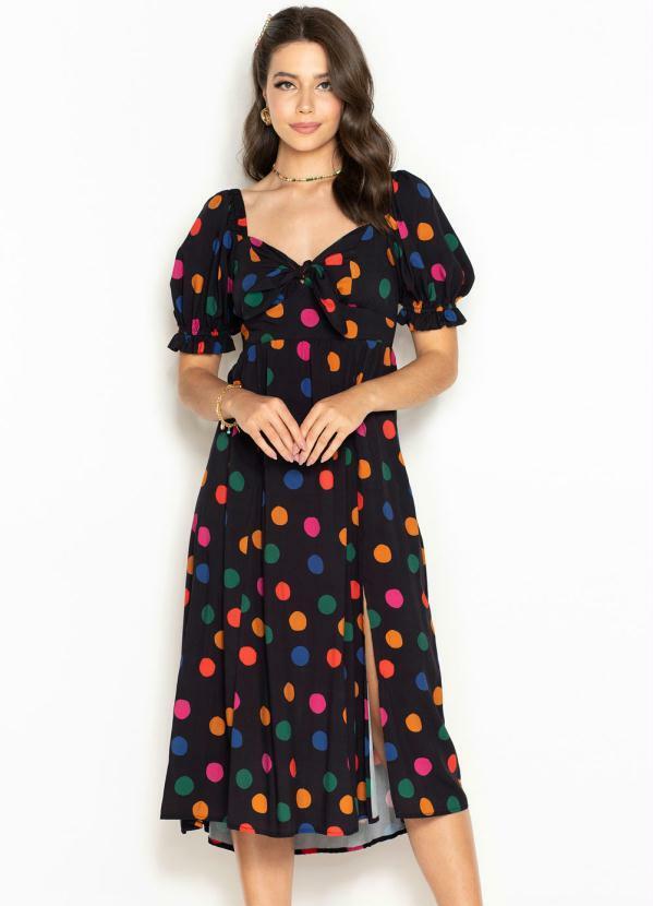 Farm - Vestido Midi de Viscose Poá Colorido Preto