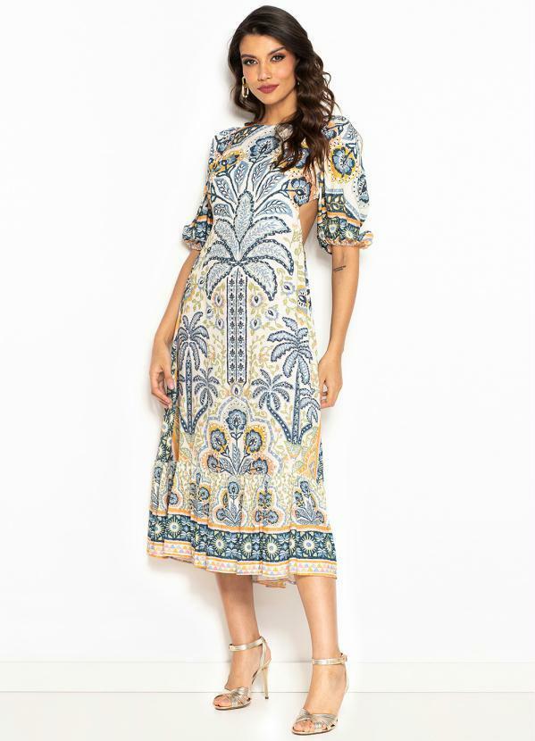 Farm - Vestido Midi de Viscose Tropicale Estampado
