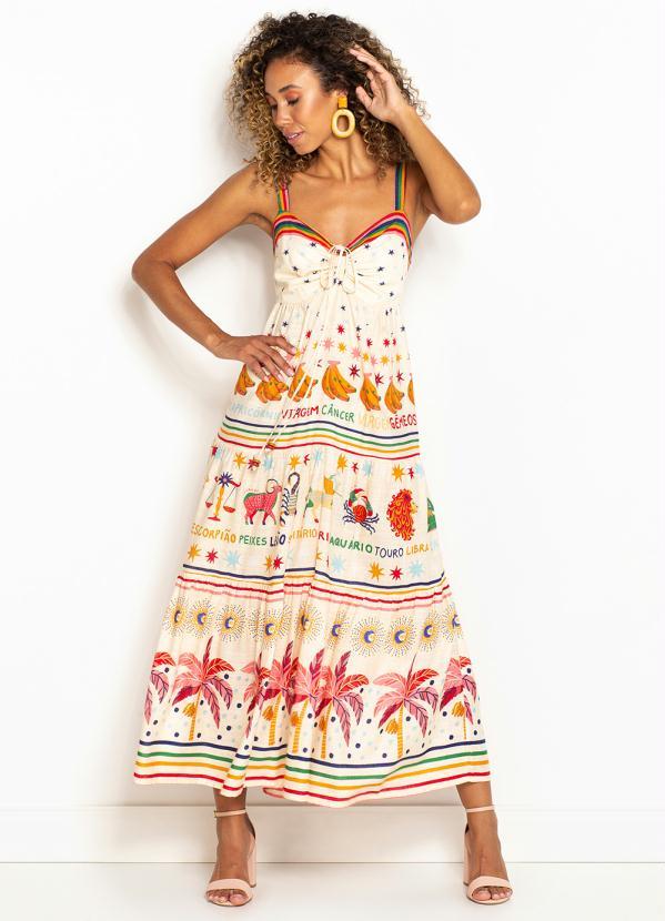 Farm - Vestido Midi de Viscose Zodíaco Bege