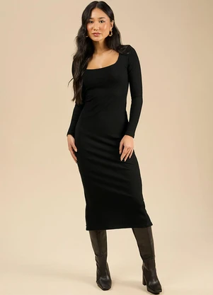 Angel Vestido Midi Decote Quadrado Preto