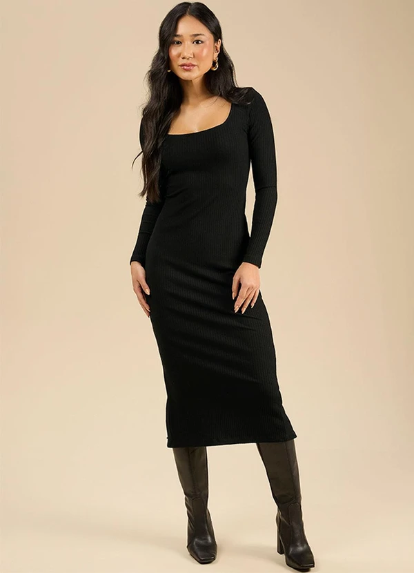 Angel Vestido Midi Decote Quadrado Preto