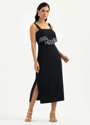 Cativa - Vestido Midi Decote Quadrado em Viscose Preto - CATIVA