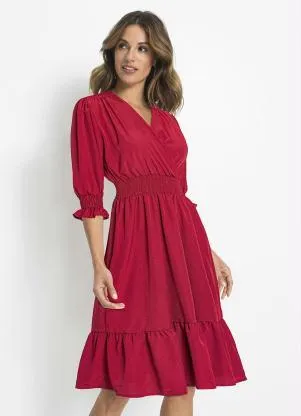 bonprix - Vestido Midi Decote Transpassado Vermelho - BONPRIX