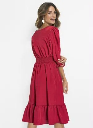 bonprix - Vestido Midi Decote Transpassado Vermelho - BONPRIX