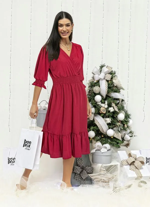 bonprix - Vestido Midi Decote Transpassado Vermelho 4