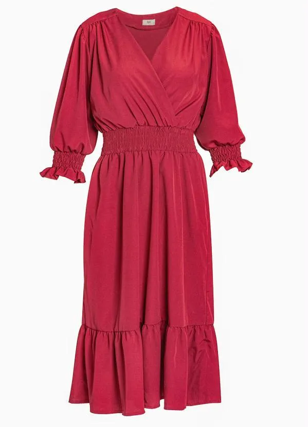 bonprix - Vestido Midi Decote Transpassado Vermelho