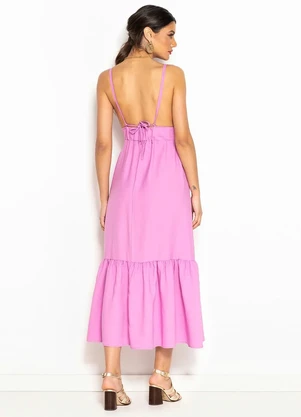 Maria Filó - Vestido Midi Decote V em Tricoline Rosa - MARIA FILÓ