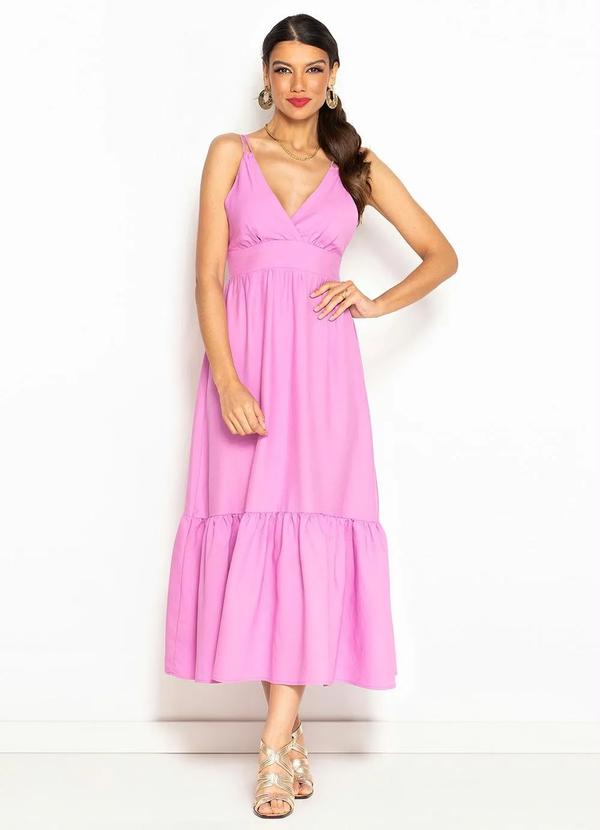Maria Filó - Vestido Midi Decote V em Tricoline Rosa