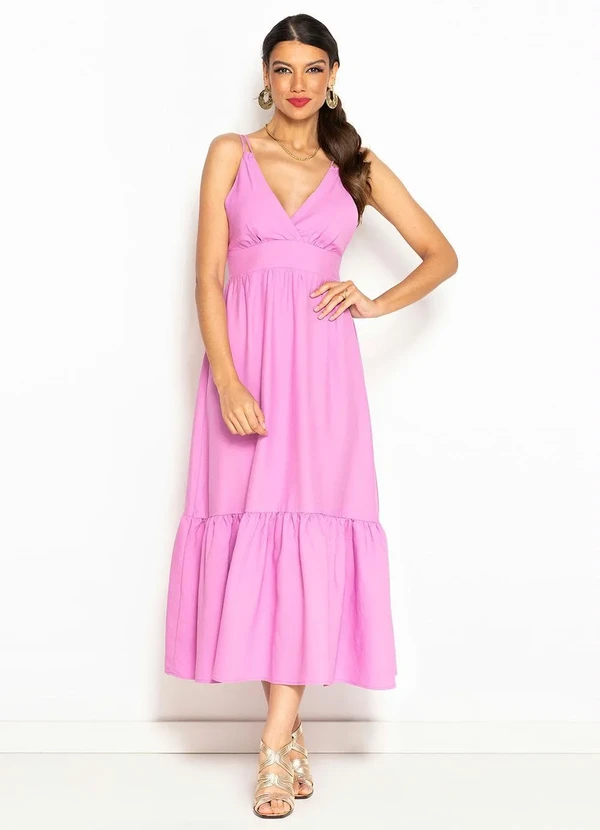 Maria Filó Vestido Midi Decote V em Tricoline Rosa