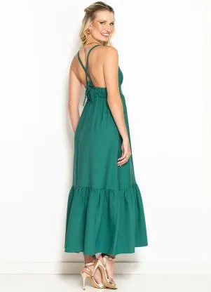 Maria Filó - Vestido Midi Decote V em Tricoline Verde - MARIA FILÓ
